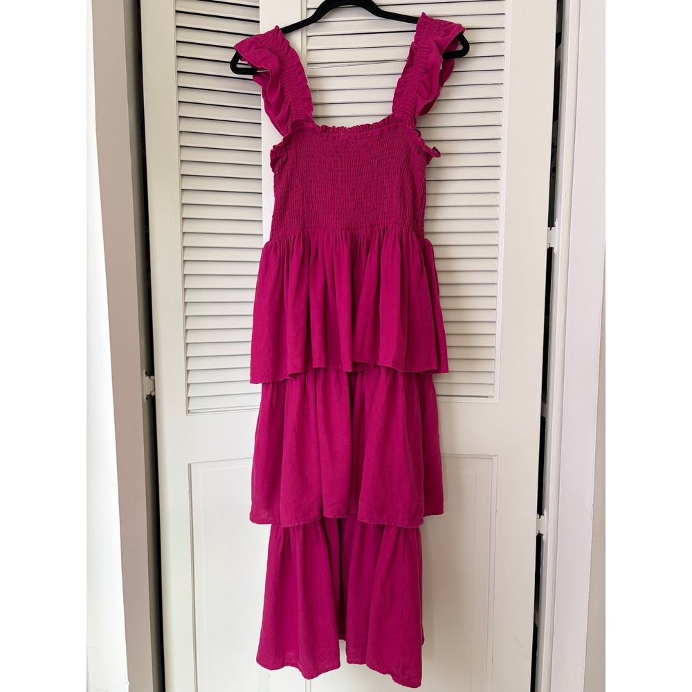 Anthro x Avec Les Filles Tiered Linen Dress Smocked Sz 10 Fuchsia Pink Ruffle - Picture 3 of 8